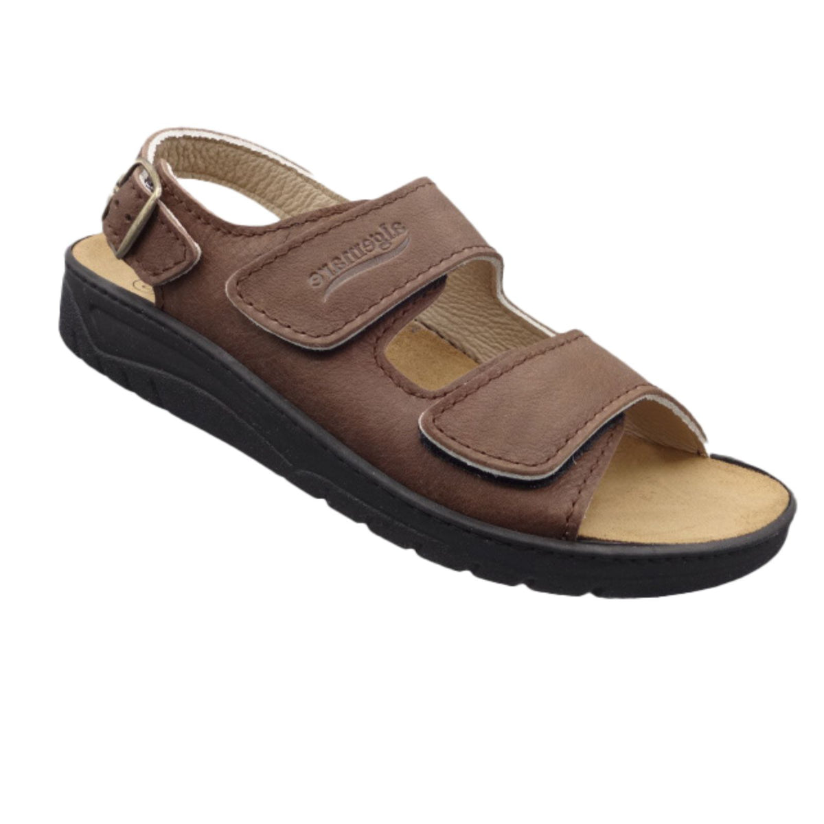 Algemare Men's Sandals Brown Leather Removable Footbed Velcro Fastener 7619-38