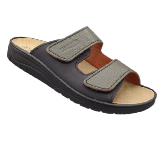Algemare Herren Pantolette Schwarz Leder Hausschuhe 7261-09 Klett Wechselfußbett