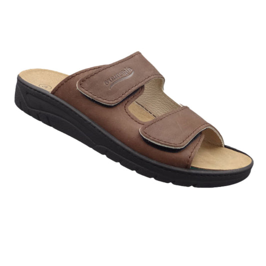 Algemare Herren Pantolette Braun Leder Hausschuhe 7261-38 Klett Wechselfußbett