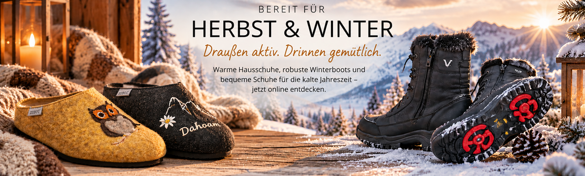 Herbst- und Winterschuhe von SELARAS mit warmen Filzhausschuhen und schwarzen Winterstiefeln mit Spikes